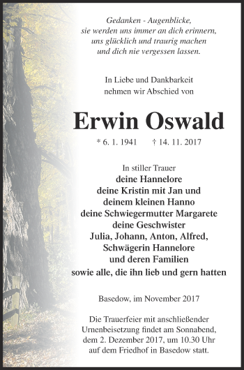 Traueranzeige von Erwin Oswald von Mecklenburger Schweiz