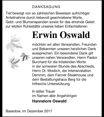 Traueranzeige von Erwin Oswald von Mecklenburger Schweiz