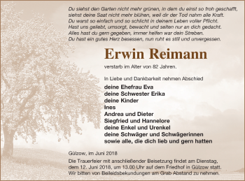 Traueranzeige von Erwin Reimann von Mecklenburger Schweiz