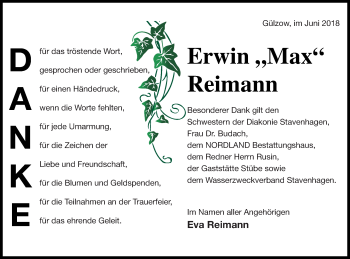 Traueranzeige von Erwin Reimann von Mecklenburger Schweiz