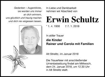 Traueranzeige von Erwin Schultz von Strelitzer Zeitung