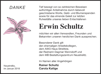 Traueranzeige von Erwin Schultz von Neubrandenburger Zeitung