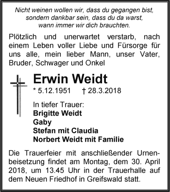 Traueranzeige von Erwin Weidt von Haff-Zeitung