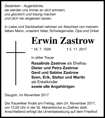 Traueranzeige von Erwin Zastrow von Vorpommern Kurier