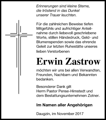 Traueranzeige von Erwin Zastrow von Vorpommern Kurier