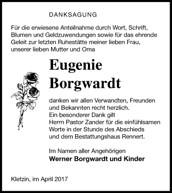 Traueranzeige von Eugenie Borgwardt von Demminer Zeitung