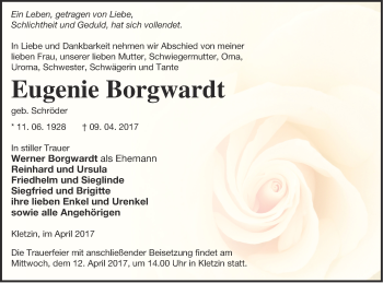 Traueranzeige von Eugenie Borgwardt von Demminer Zeitung