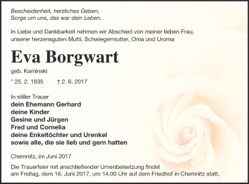 Traueranzeige von Eva Borgwart von Neubrandenburger Zeitung