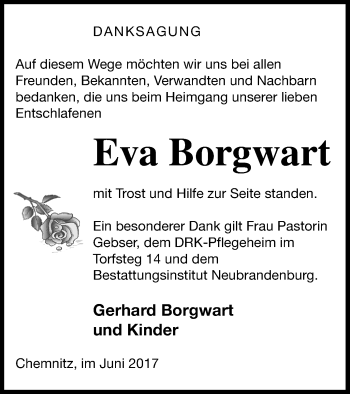 Traueranzeige von Eva Borgwart von Neubrandenburger Zeitung