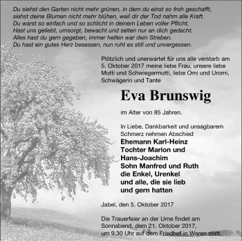 Traueranzeige von Eva Brunswig von Müritz-Zeitung