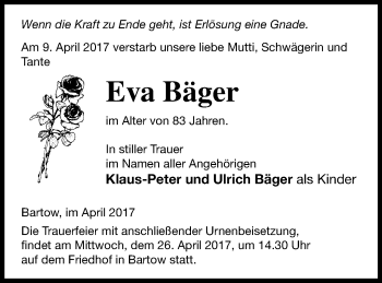 Traueranzeige von Eva Bäger von Neubrandenburger Zeitung