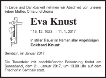 Traueranzeige von Eva Knust von Müritz-Zeitung