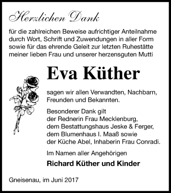 Traueranzeige von Eva Küther von Pasewalker Zeitung