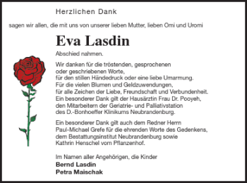 Traueranzeige von Eva Lasdin von Neubrandenburger Zeitung