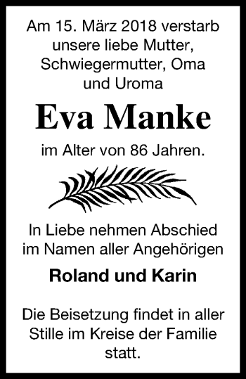 Traueranzeige von Eva Manke von Haff-Zeitung