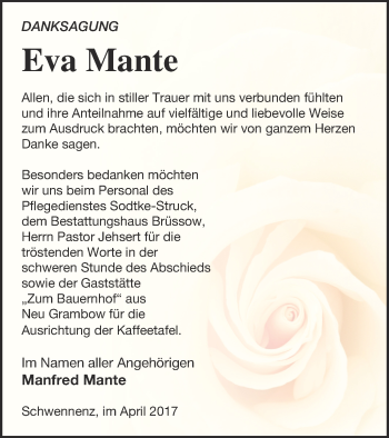 Traueranzeige von Eva Mante von Pasewalker Zeitung