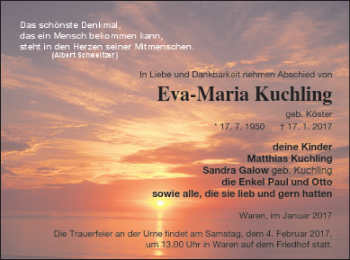 Traueranzeige von Eva-Maria Kuchling von Müritz-Zeitung