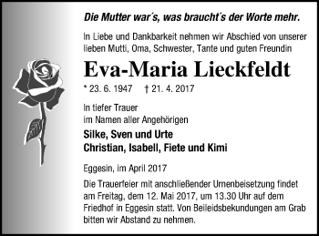 Traueranzeige von Eva-Maria Lieckfeldt von Haff-Zeitung