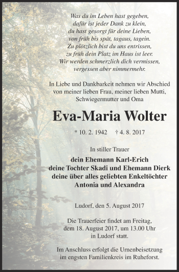 Traueranzeige von Eva-Maria Wolter von Müritz-Zeitung