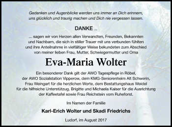 Traueranzeige von Eva-Maria Wolter von Müritz-Zeitung