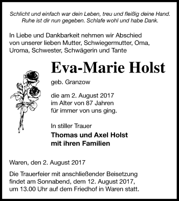 Traueranzeige von Eva-Marie Holst von Müritz-Zeitung