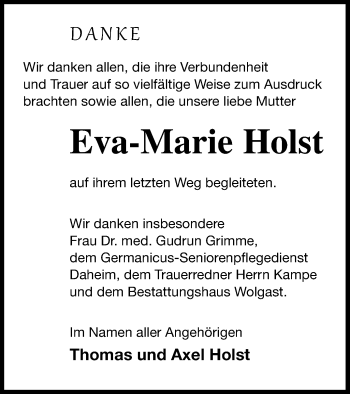 Traueranzeige von Eva-Marie Holst von Müritz-Zeitung