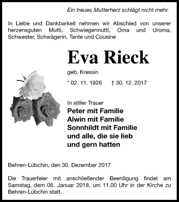 Traueranzeige von Eva Rieck von Mecklenburger Schweiz