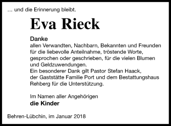 Traueranzeige von Eva Rieck von Mecklenburger Schweiz