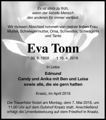 Traueranzeige von Eva Tonn von Prenzlauer Zeitung