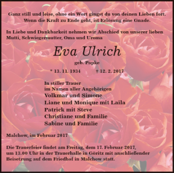 Traueranzeige von Eva Ulrich von Prenzlauer Zeitung