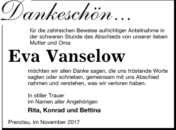 Traueranzeige von Eva Vanselow von Prenzlauer Zeitung