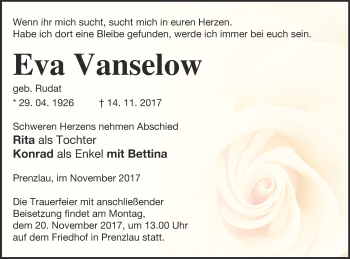 Traueranzeige von Eva Vanselow von Prenzlauer Zeitung