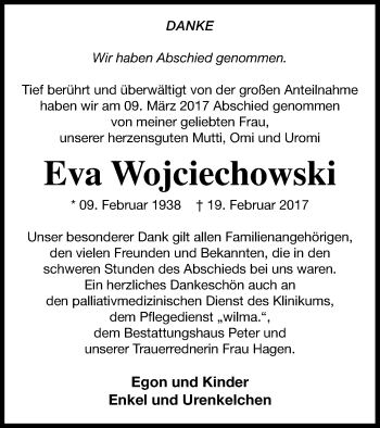 Traueranzeige von Eva Wojciechowski von Neubrandenburger Zeitung