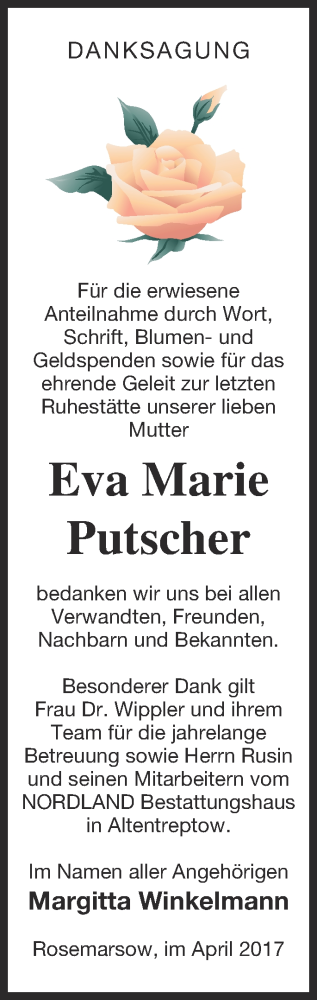 Traueranzeige von Eva Marie Putscher von Neubrandenburger Zeitung