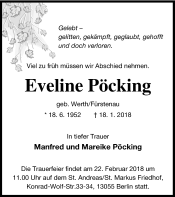 Traueranzeige von Eveline Pöcking von Pasewalker Zeitung