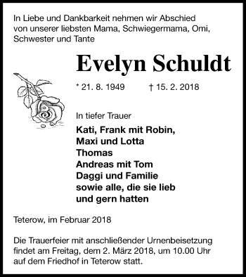 Traueranzeige von Evelyn Schuldt von Mecklenburger Schweiz