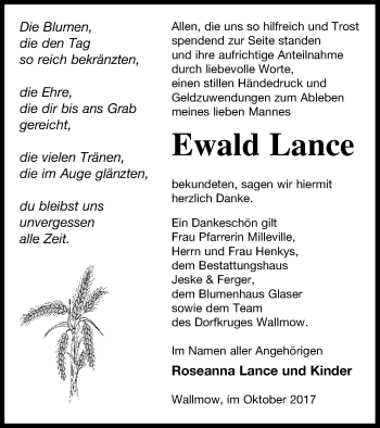 Traueranzeige von Ewald Lance von Prenzlauer Zeitung