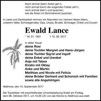 Traueranzeige von Ewald Lance von Prenzlauer Zeitung