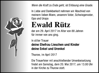 Traueranzeige von Ewald Rütz von Strelitzer Zeitung