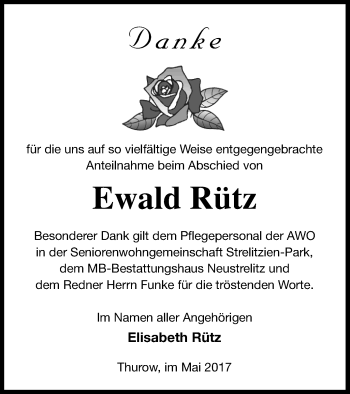 Traueranzeige von Ewald Rütz von Strelitzer Zeitung