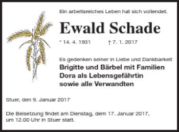 Traueranzeige von Ewald Schade von Müritz-Zeitung