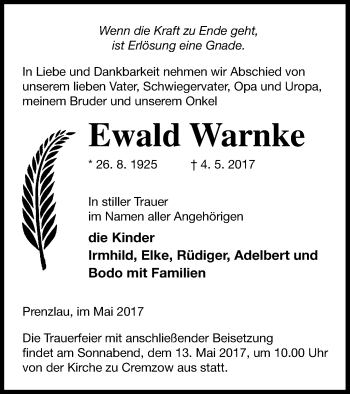 Traueranzeige von Ewald Warnke von Prenzlauer Zeitung