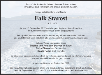 Traueranzeige von Falk Starost von Haff-Zeitung