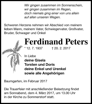 Traueranzeige von Ferdinand Peters von Müritz-Zeitung