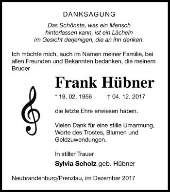 Traueranzeige von Frank Hübner von Neubrandenburger Zeitung