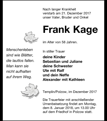 Traueranzeige von Frank Kage von Pasewalker Zeitung