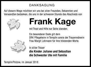 Traueranzeige von Frank Kage von Pasewalker Zeitung