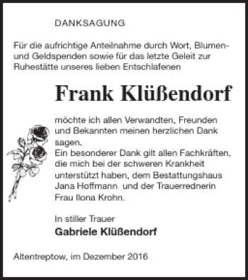 Traueranzeige von Frank Klüßendorf von Neubrandenburger Zeitung