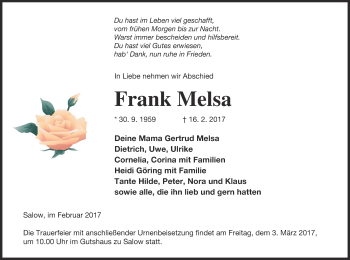 Traueranzeige von Frank Melsa von Neubrandenburger Zeitung