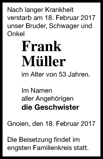 Traueranzeige von Frank Müller von Mecklenburger Schweiz